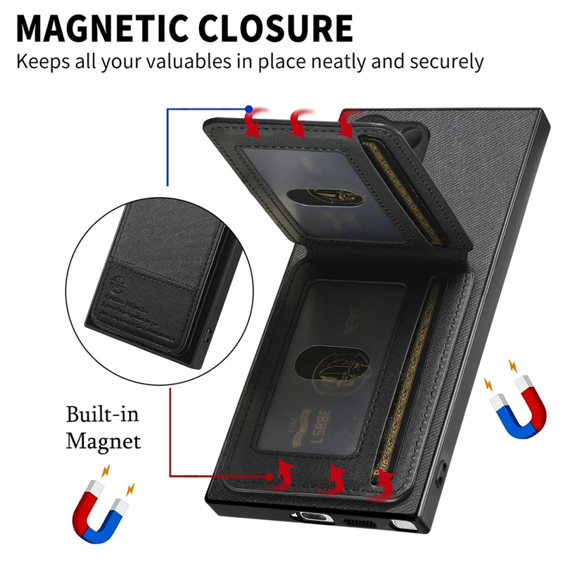 For Samsung Galaxy S26 Ultra Phone Case Cloth Texture Leather + PC + TPU Cover with RFID Blocking Card Holder - Black