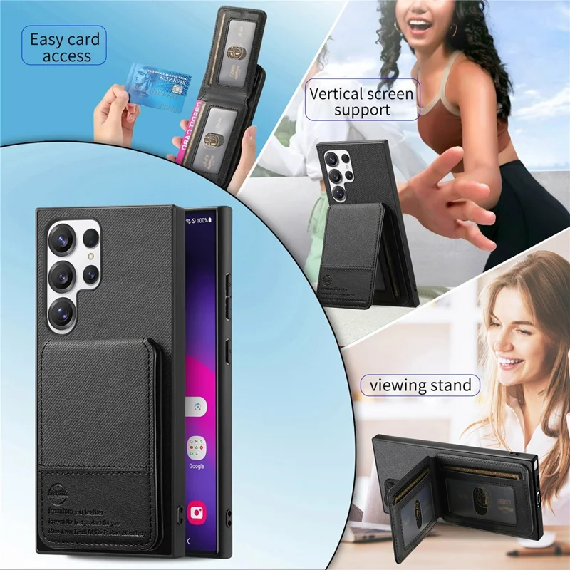 For Samsung Galaxy S26 Ultra Phone Case Cloth Texture Leather + PC + TPU Cover with RFID Blocking Card Holder - Black