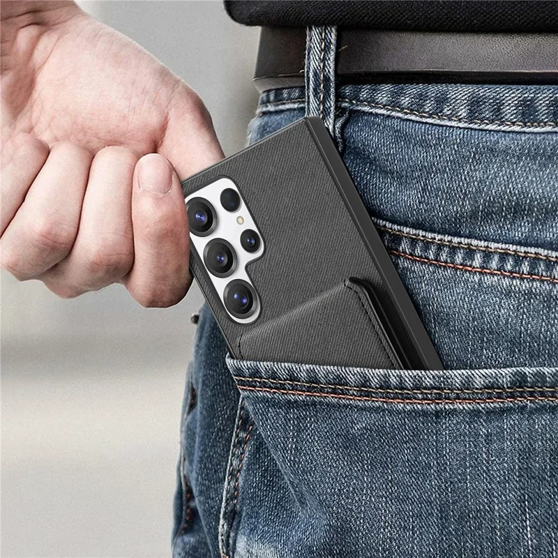 For Samsung Galaxy S26 Ultra Phone Case Cloth Texture Leather + PC + TPU Cover with RFID Blocking Card Holder - Black