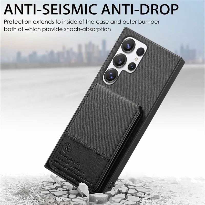 For Samsung Galaxy S26 Ultra Phone Case Cloth Texture Leather + PC + TPU Cover with RFID Blocking Card Holder - Black