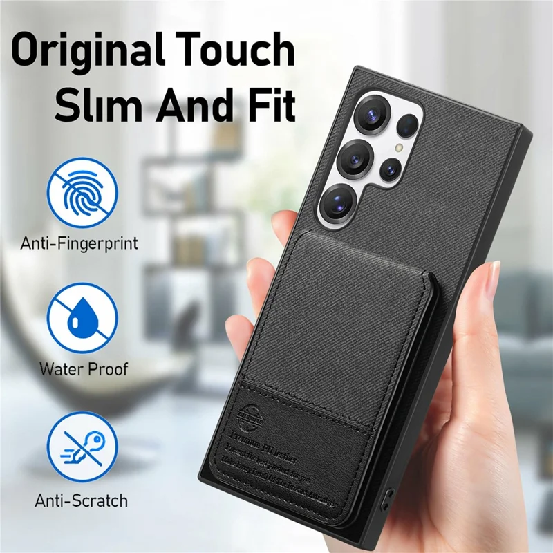 For Samsung Galaxy S26 Ultra Phone Case Cloth Texture Leather + PC + TPU Cover with RFID Blocking Card Holder - Black