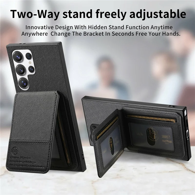 For Samsung Galaxy S26 Ultra Phone Case Cloth Texture Leather + PC + TPU Cover with RFID Blocking Card Holder - Black