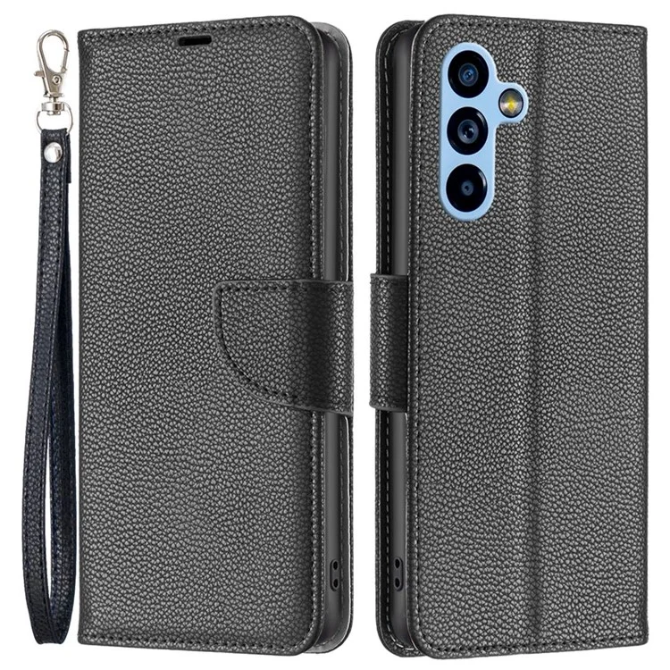 Кожаный чехол BF Leather Case Series-3 для Samsung Galaxy A54 5G с текстурой личи, противоцарапающий чехол-бумажник ПУ-кожи с подставкой с ручкой - черный