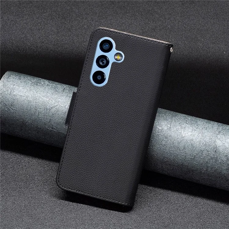 Кожаный чехол BF Leather Case Series-3 для Samsung Galaxy A54 5G с текстурой личи, противоцарапающий чехол-бумажник ПУ-кожи с подставкой с ручкой - черный