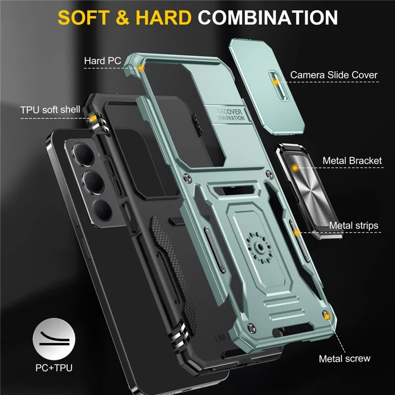 Xiaomi 15 hylster med støtte, skydelås til kamera, beskyttelsesdæksel til PC + TPU, faldsikker telefonbeskyttelse - Grøn