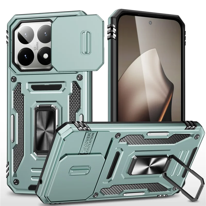For Xiaomi 15T Case Kickstand Slide Lens Lid PC + TPU Drop-Proof Phone Cover - Green