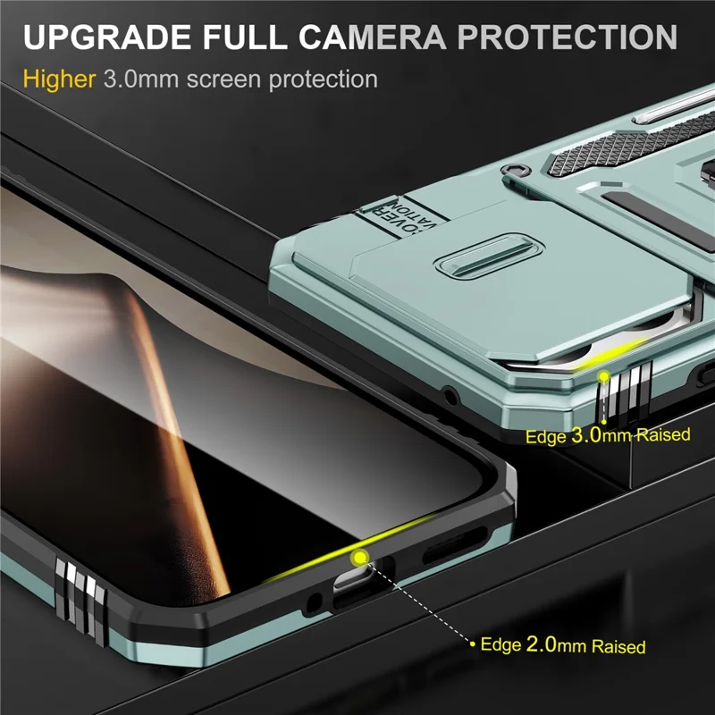For Xiaomi 15T Case Kickstand Slide Lens Lid PC + TPU Drop-Proof Phone Cover - Green