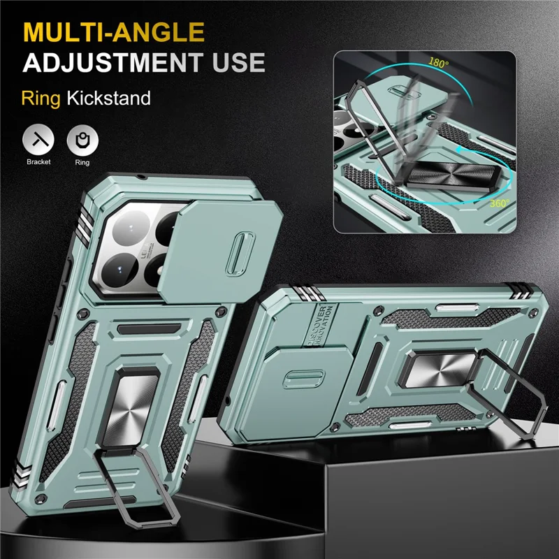 For Xiaomi 15T Case Kickstand Slide Lens Lid PC + TPU Drop-Proof Phone Cover - Green