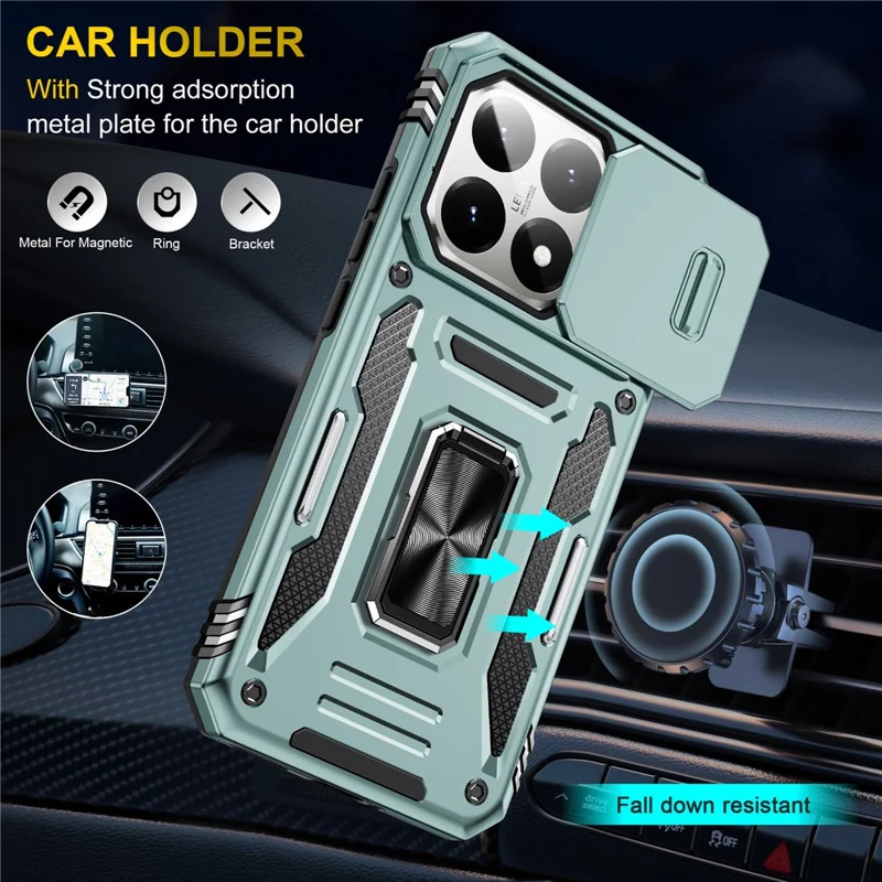 For Xiaomi 15T Case Kickstand Slide Lens Lid PC + TPU Drop-Proof Phone Cover - Green