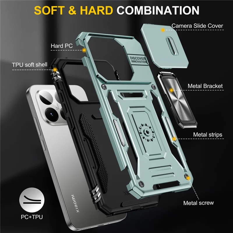 For Xiaomi 15T Case Kickstand Slide Lens Lid PC + TPU Drop-Proof Phone Cover - Green