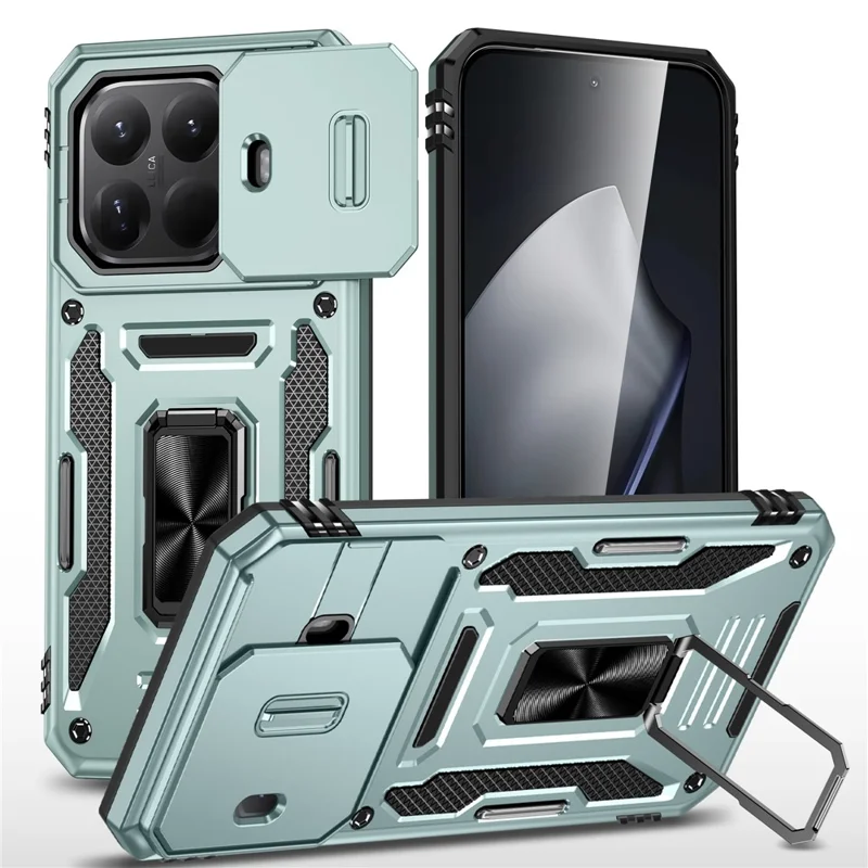 For Xiaomi 15T Pro Case Kickstand Slide Lens Lid PC + TPU Drop-Proof Phone Cover - Green