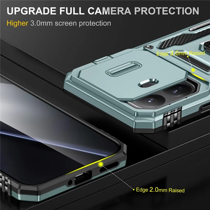 For Xiaomi 15T Pro Case Kickstand Slide Lens Lid PC + TPU Drop-Proof Phone Cover - Green