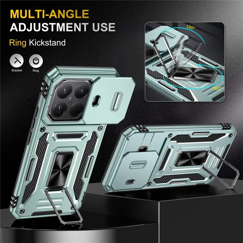 For Xiaomi 15T Pro Case Kickstand Slide Lens Lid PC + TPU Drop-Proof Phone Cover - Green