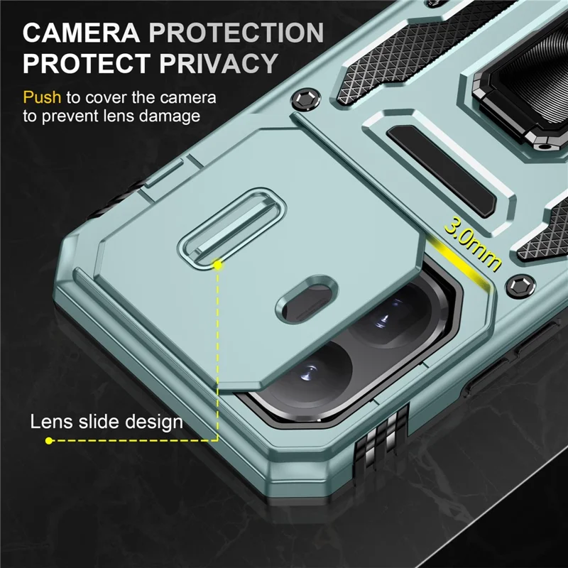 For Xiaomi 15T Pro Case Kickstand Slide Lens Lid PC + TPU Drop-Proof Phone Cover - Green
