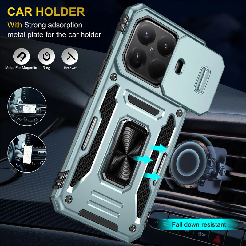 For Xiaomi 15T Pro Case Kickstand Slide Lens Lid PC + TPU Drop-Proof Phone Cover - Green
