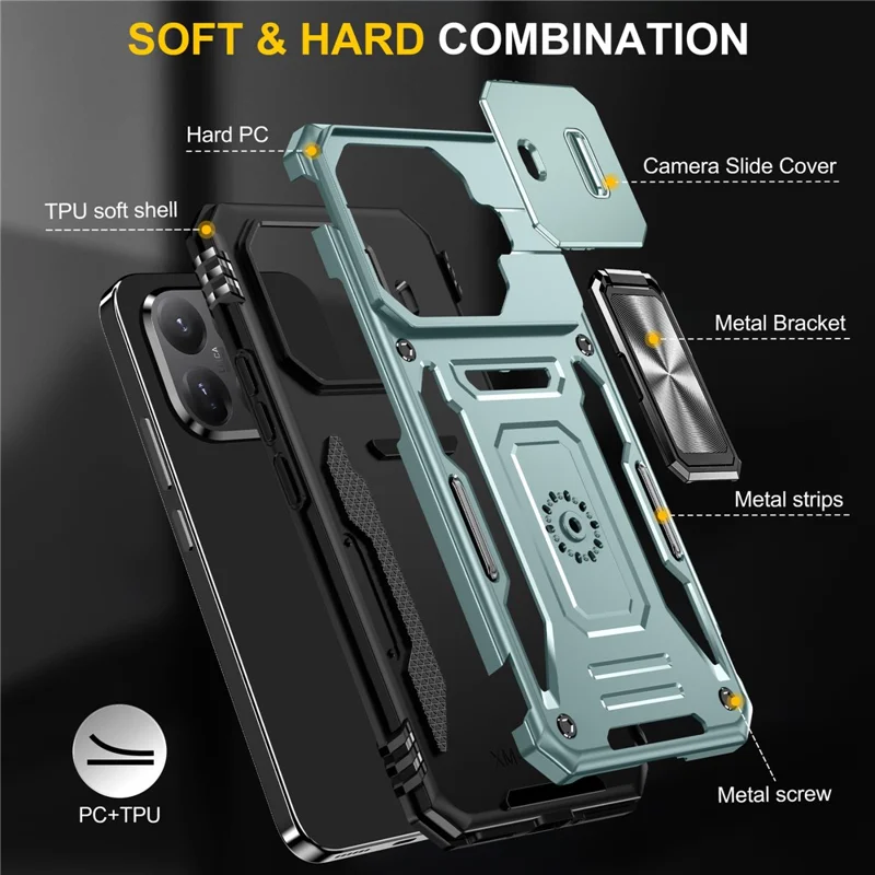 For Xiaomi 15T Pro Case Kickstand Slide Lens Lid PC + TPU Drop-Proof Phone Cover - Green
