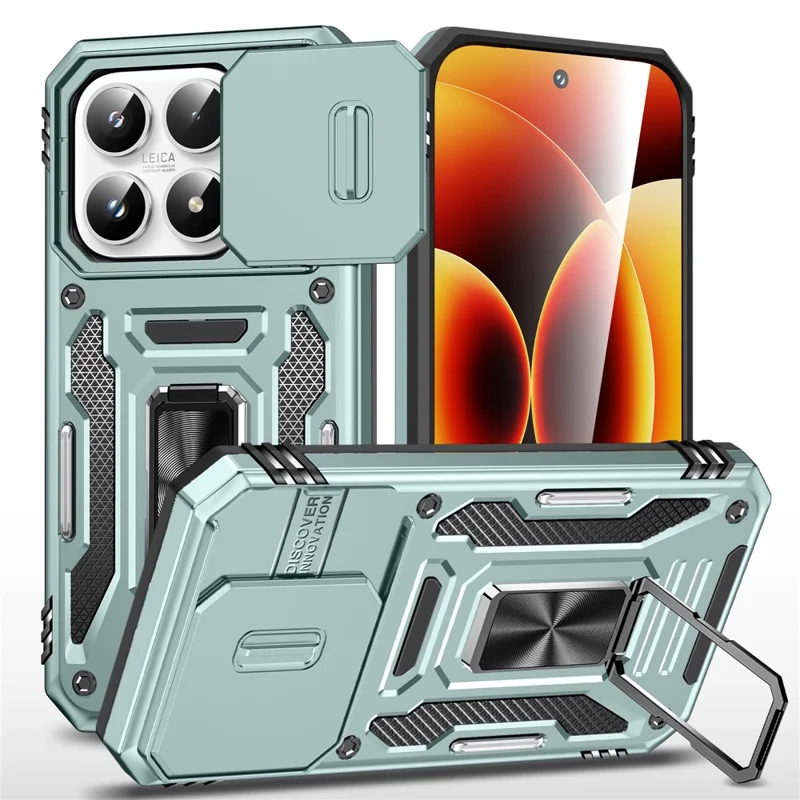 For Xiaomi 17 Case Kickstand Slide Lens Lid PC + TPU Drop-Proof Phone Cover - Green