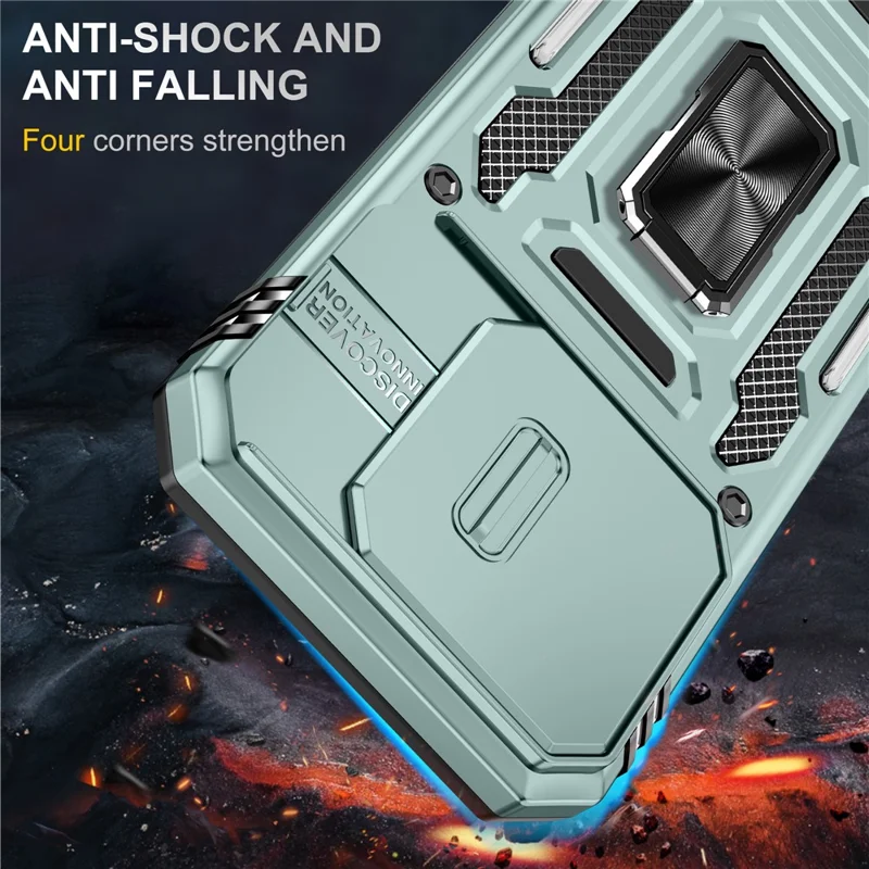For Xiaomi 17 Case Kickstand Slide Lens Lid PC + TPU Drop-Proof Phone Cover - Green