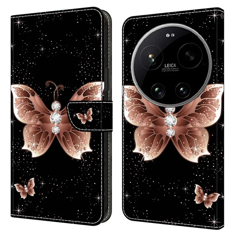 Wallet Case For Xiaomi 17 Ultra 5G 3D Pattern PU Leather Phone Cover with Stand - Pink Diamond Butterfly
