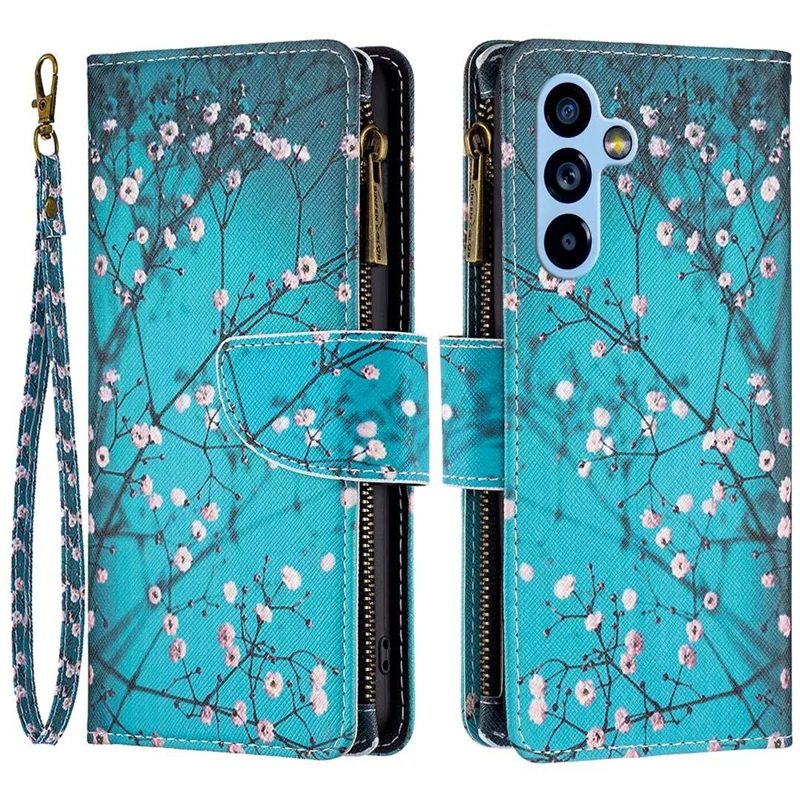 For Samsung Galaxy A54 5G Leather Case with Strap Pattern Printing Zipper Wallet Phone Stand Cover - Plum Blossom