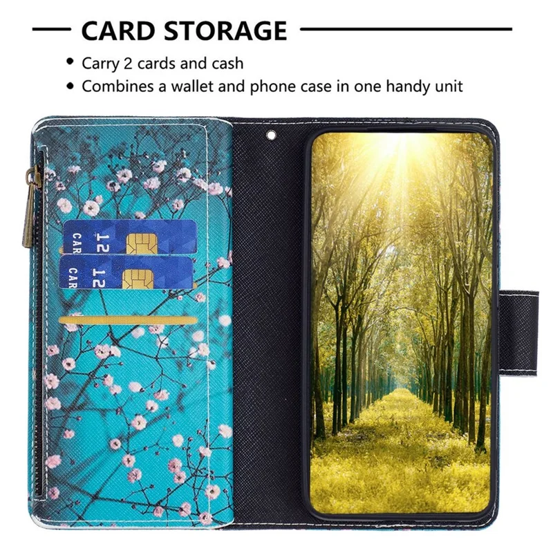 For Samsung Galaxy A54 5G Leather Case with Strap Pattern Printing Zipper Wallet Phone Stand Cover - Plum Blossom