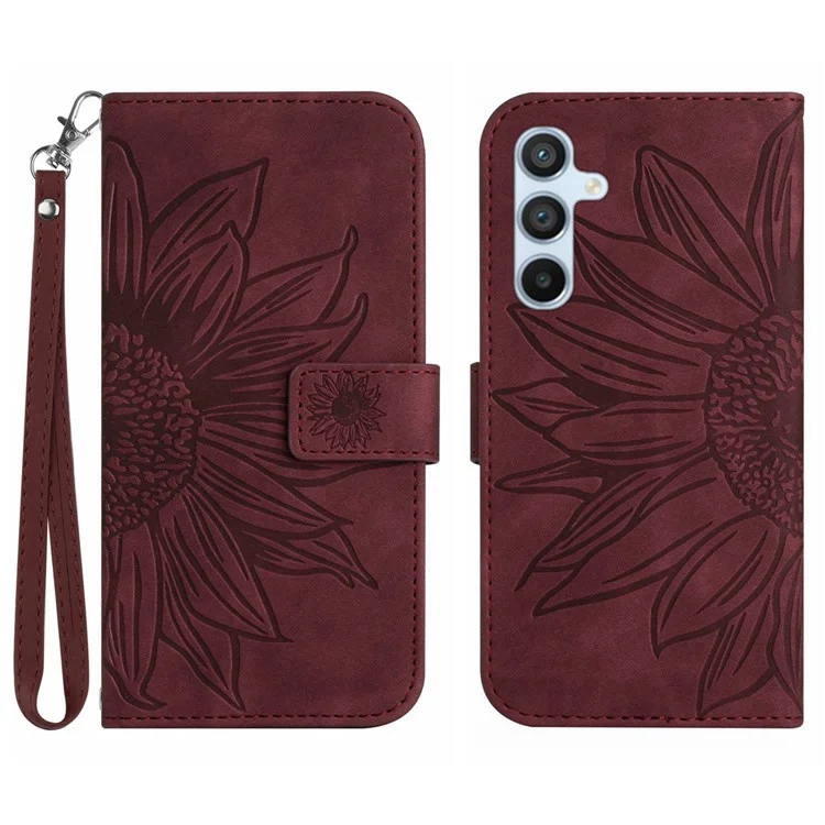 Per Samsung Galaxy A54 5G HT04 Custodia Portafoglio Flip Stampata a Girasole - Pelle PU Touch a Contatto - Supporto Magnetico con Cinturino da Polso - Rosso Vino