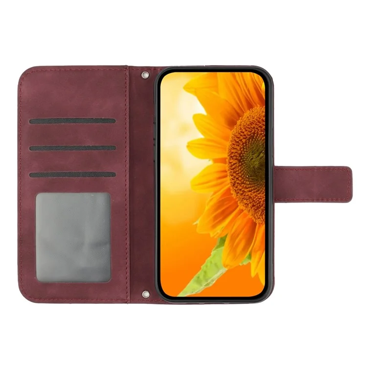 Per Samsung Galaxy A54 5G HT04 Custodia Portafoglio Flip Stampata a Girasole - Pelle PU Touch a Contatto - Supporto Magnetico con Cinturino da Polso - Rosso Vino