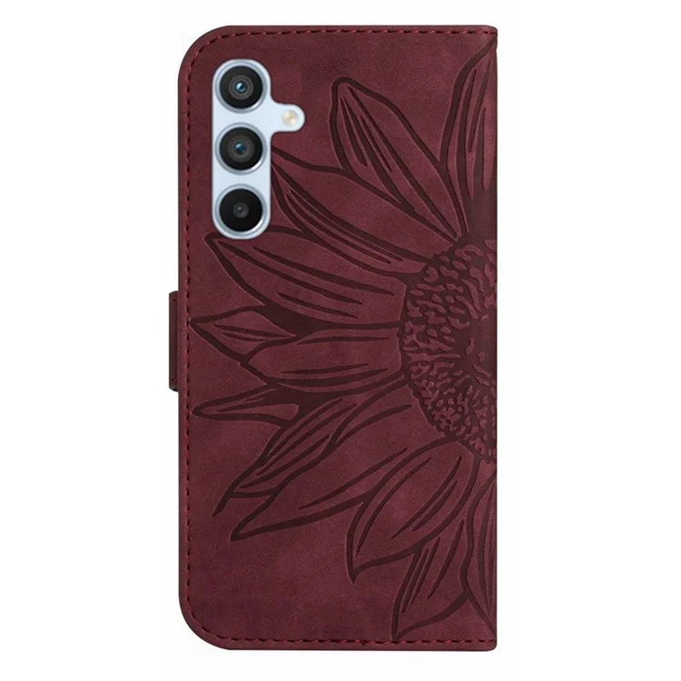 Per Samsung Galaxy A54 5G HT04 Custodia Portafoglio Flip Stampata a Girasole - Pelle PU Touch a Contatto - Supporto Magnetico con Cinturino da Polso - Rosso Vino