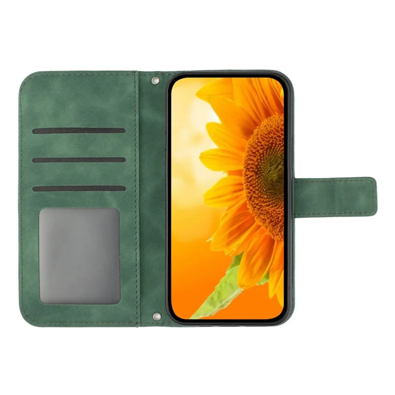 For Samsung Galaxy A54 5G HT04 Imprinted Sunflower Wallet Flip Case Skin-Touch PU Leather Stand Magnetic Phone Cover with Hand Strap - Dark Green