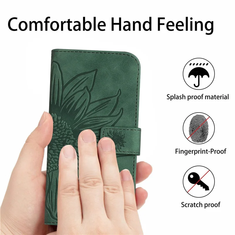 For Samsung Galaxy A54 5G HT04 Imprinted Sunflower Wallet Flip Case Skin-Touch PU Leather Stand Magnetic Phone Cover with Hand Strap - Dark Green