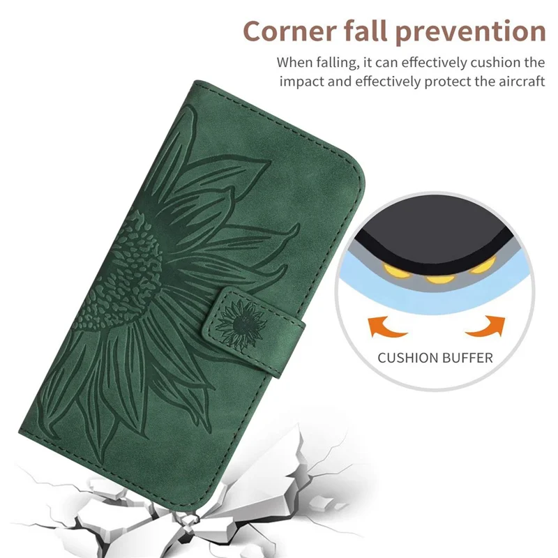 For Samsung Galaxy A54 5G HT04 Imprinted Sunflower Wallet Flip Case Skin-Touch PU Leather Stand Magnetic Phone Cover with Hand Strap - Dark Green