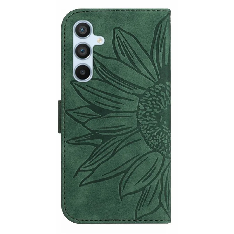 For Samsung Galaxy A54 5G HT04 Imprinted Sunflower Wallet Flip Case Skin-Touch PU Leather Stand Magnetic Phone Cover with Hand Strap - Dark Green