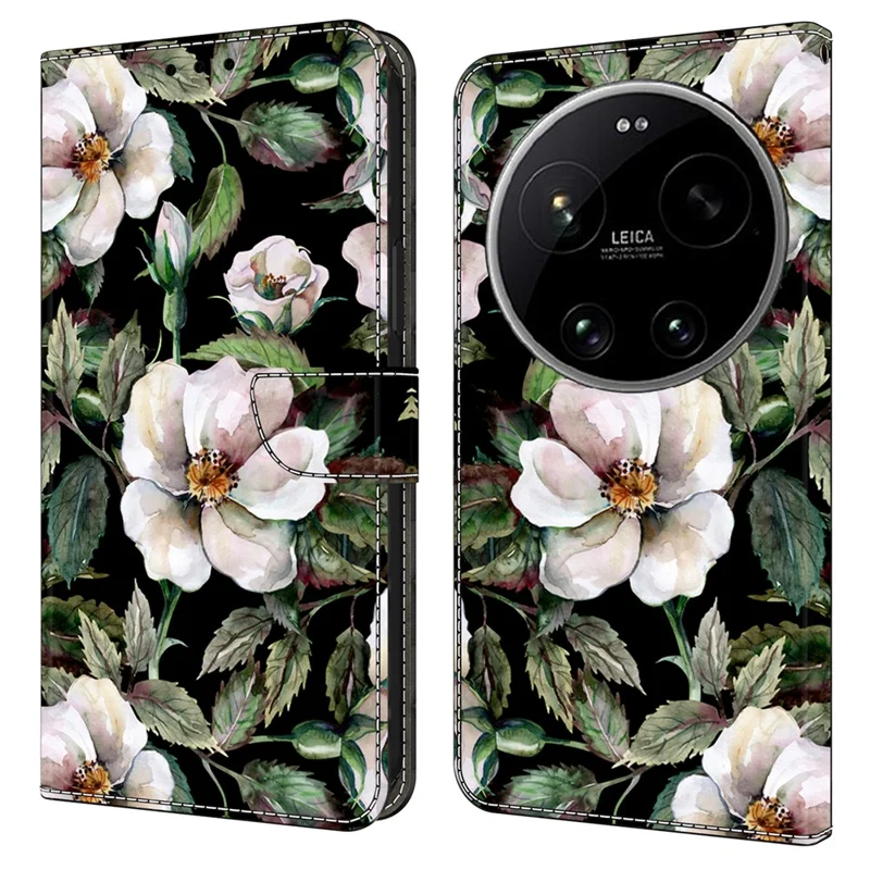 Wallet Case For Xiaomi 17 Ultra 5G Foldable Stand Pattern Printing PU Leather Flip Phone Cover - Large Flower