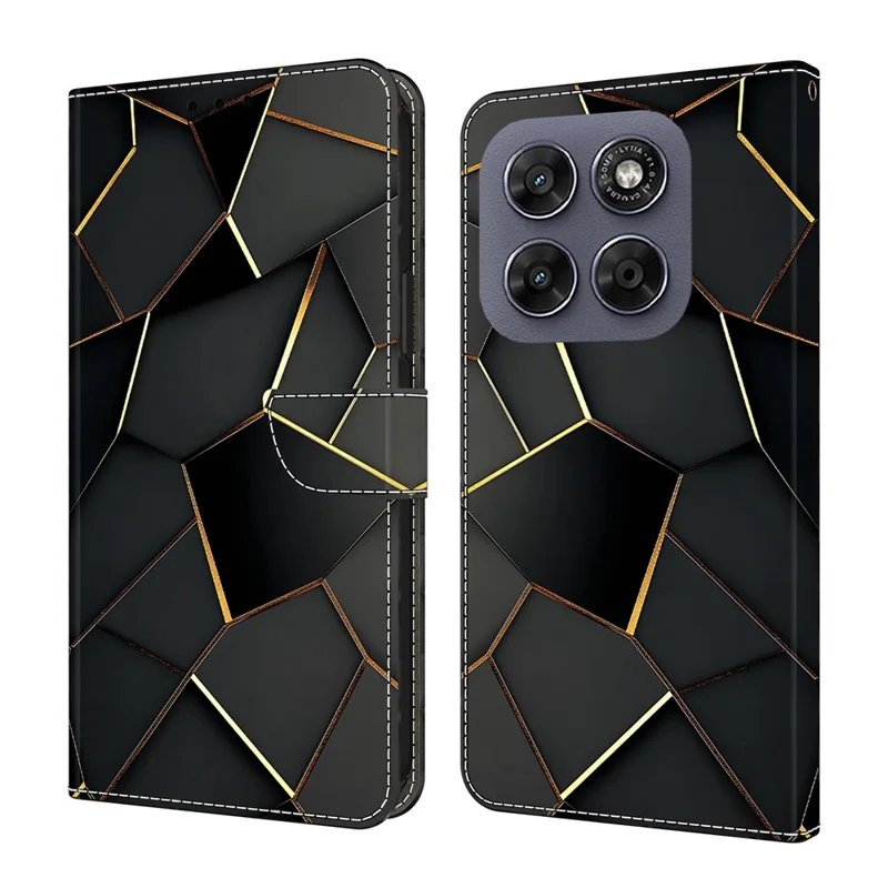 For Motorola Moto G17 Power 4G / G17 4G / G15 4G / G15 Power 4G Wallet Case Foldable Stand Pattern Printing Leather Flip Phone Cover - Black Gold Beveled Edges