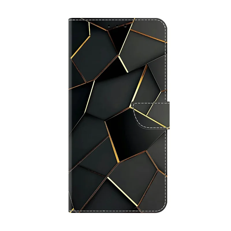 For Motorola Moto G17 Power 4G / G17 4G / G15 4G / G15 Power 4G Wallet Case Foldable Stand Pattern Printing Leather Flip Phone Cover - Black Gold Beveled Edges