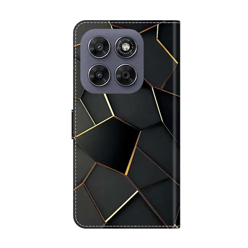 For Motorola Moto G17 Power 4G / G17 4G / G15 4G / G15 Power 4G Wallet Case Foldable Stand Pattern Printing Leather Flip Phone Cover - Black Gold Beveled Edges