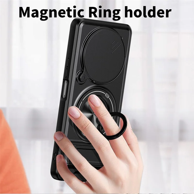 For Honor X9c Smart 5G  /  X60 5G Magnetic Case Ring Holder Foldable Kickstand TPU PC Phone Cover with Camera Lens Slider - Black