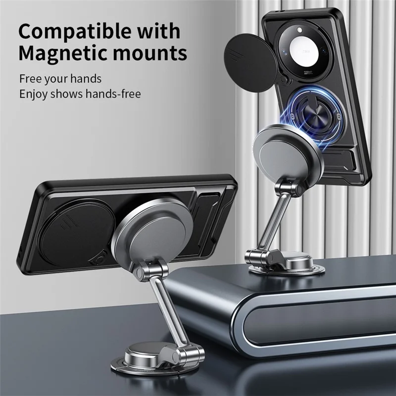 For Honor X9c Smart 5G  /  X60 5G Magnetic Case Ring Holder Foldable Kickstand TPU PC Phone Cover with Camera Lens Slider - Black