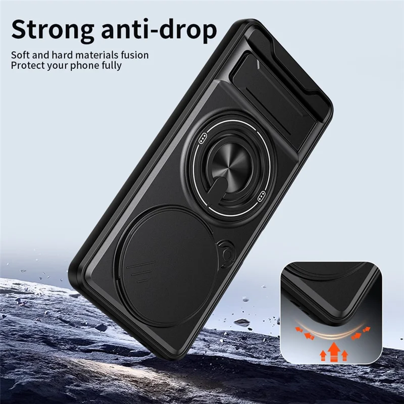 For Honor X9c Smart 5G  /  X60 5G Magnetic Case Ring Holder Foldable Kickstand TPU PC Phone Cover with Camera Lens Slider - Black