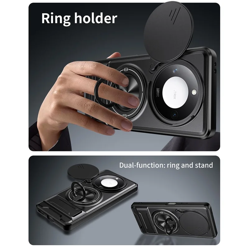 For Honor X9c Smart 5G  /  X60 5G Magnetic Case Ring Holder Foldable Kickstand TPU PC Phone Cover with Camera Lens Slider - Black