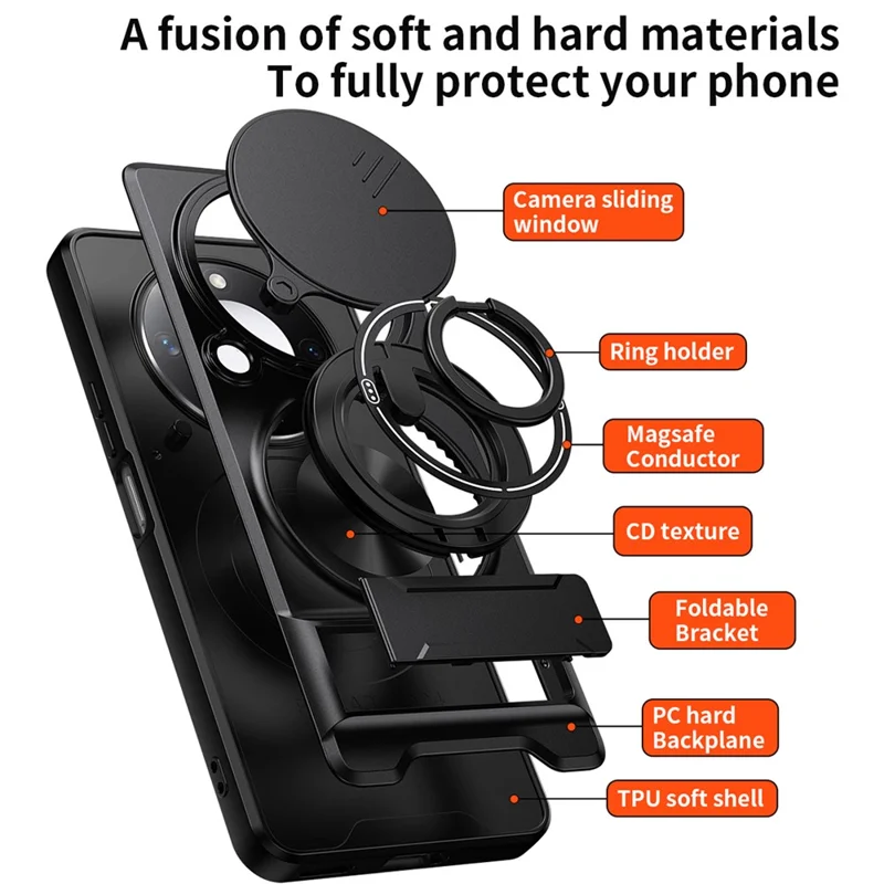 For Honor X9c Smart 5G  /  X60 5G Magnetic Case Ring Holder Foldable Kickstand TPU PC Phone Cover with Camera Lens Slider - Black