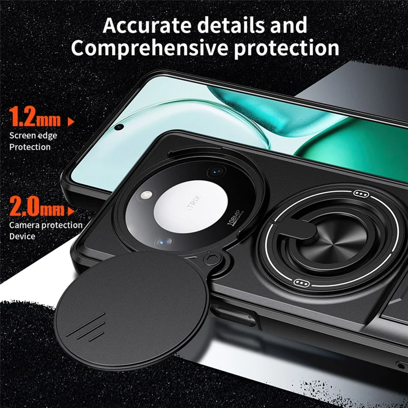 For Honor X9c Smart 5G  /  X60 5G Magnetic Case Ring Holder Foldable Kickstand TPU PC Phone Cover with Camera Lens Slider - Black