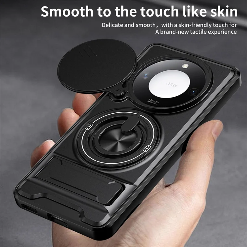 For Honor X9c Smart 5G  /  X60 5G Magnetic Case Ring Holder Foldable Kickstand TPU PC Phone Cover with Camera Lens Slider - Black