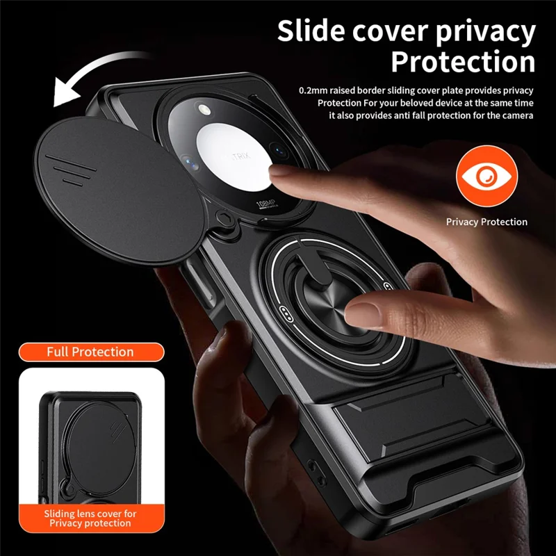For Honor X9c Smart 5G  /  X60 5G Magnetic Case Ring Holder Foldable Kickstand TPU PC Phone Cover with Camera Lens Slider - Black