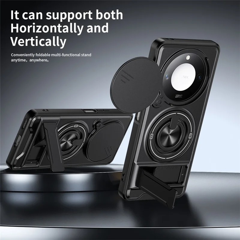 For Honor X9c Smart 5G  /  X60 5G Magnetic Case Ring Holder Foldable Kickstand TPU PC Phone Cover with Camera Lens Slider - Black
