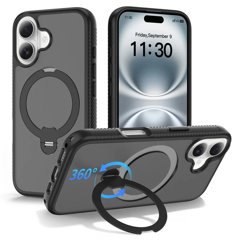 For iPhone 16 Magnetic Case Compatible with MagSafe Rotary Kickstand PC + TPU Shockproof Phone Cover - Black