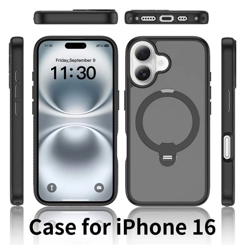 For iPhone 16 Magnetic Case Compatible with MagSafe Rotary Kickstand PC + TPU Shockproof Phone Cover - Black