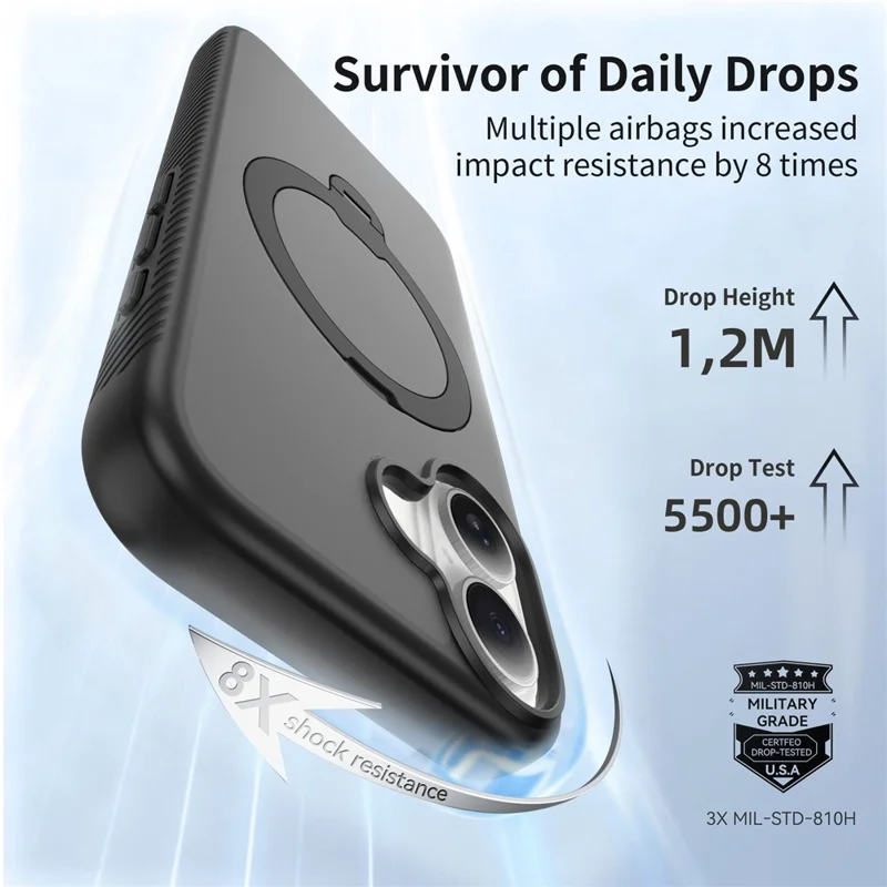 For iPhone 16 Magnetic Case Compatible with MagSafe Rotary Kickstand PC + TPU Shockproof Phone Cover - Black