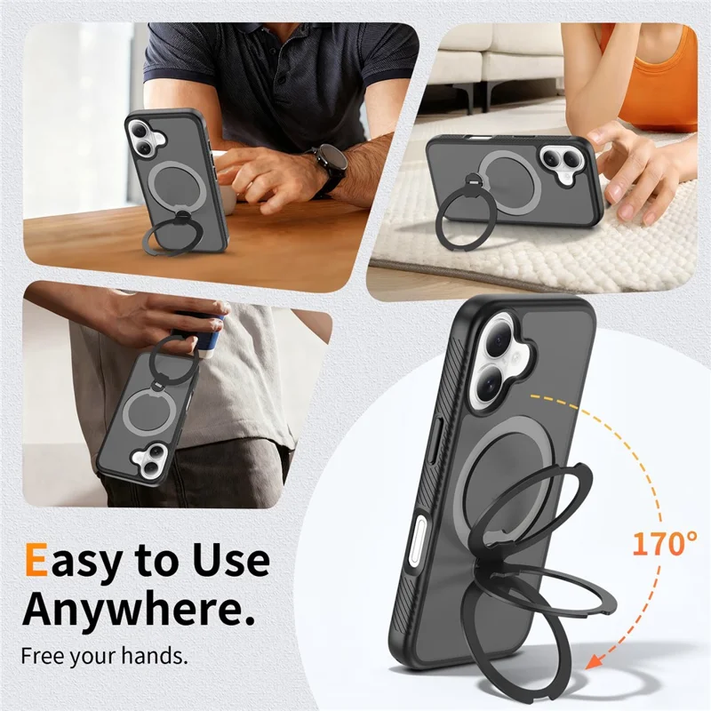 For iPhone 16 Magnetic Case Compatible with MagSafe Rotary Kickstand PC + TPU Shockproof Phone Cover - Black