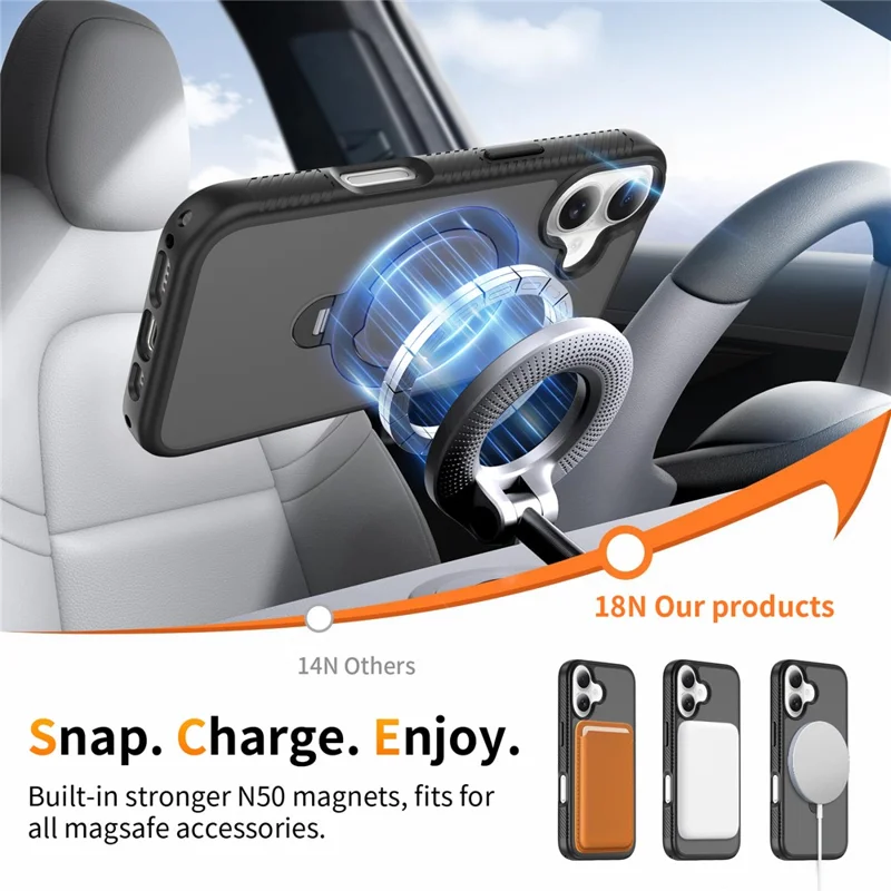 For iPhone 16 Magnetic Case Compatible with MagSafe Rotary Kickstand PC + TPU Shockproof Phone Cover - Black